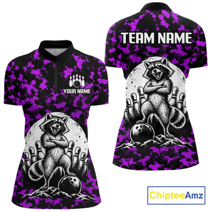 Custom Purple Camo Funny Raccoon Bowling Team Shirts for Women Bowling League Polo & 1/4 Zip HNT639