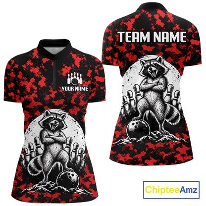 Custom Red Camo Funny Raccoon Bowling Team Shirts for Women Bowling League Polo & 1/4 Zip HNT639