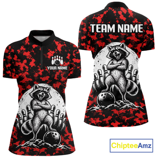 Custom Red Camo Funny Raccoon Bowling Team Shirts for Women Bowling League Polo & 1/4 Zip HNT639