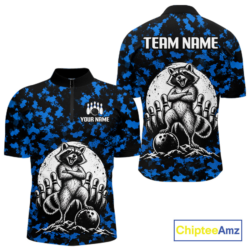 Custom Blue Camo Funny Raccoon Bowling Team Shirts for Men Bowling League Polo & 1/4 Zip HNT639
