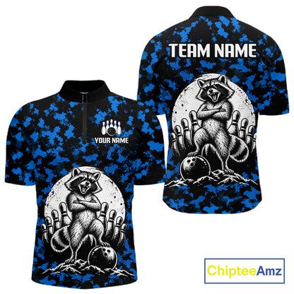 Custom Blue Camo Funny Raccoon Bowling Team Shirts for Men Bowling League Polo & 1/4 Zip HNT639