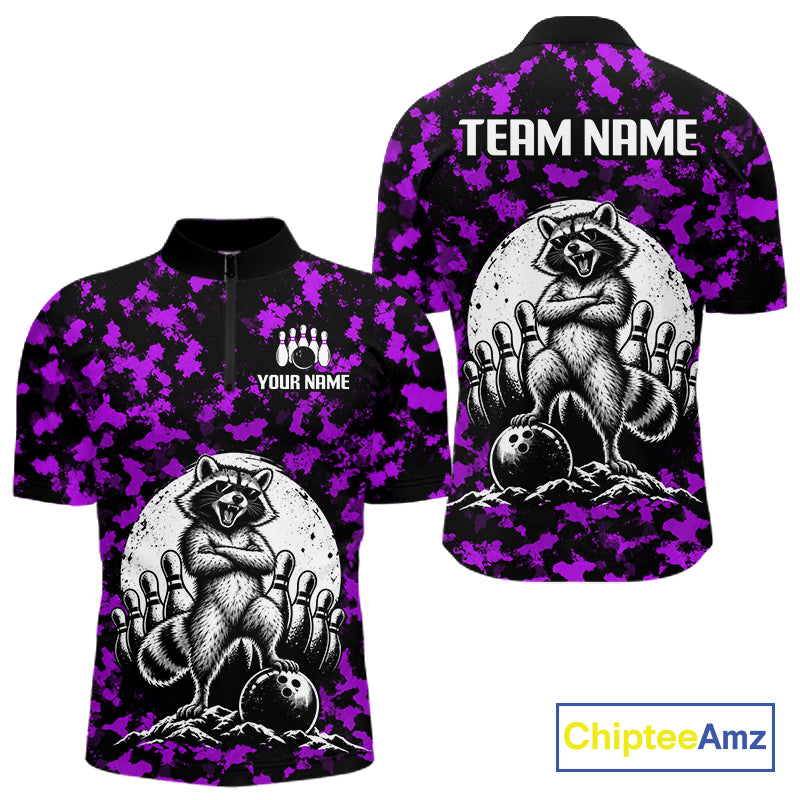 Custom Purple Camo Funny Raccoon Bowling Team Shirts for Men Bowling League Polo & 1/4 Zip HNT639