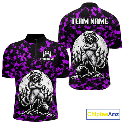 Custom Purple Camo Funny Raccoon Bowling Team Shirts for Men Bowling League Polo & 1/4 Zip HNT639