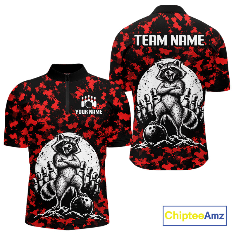 Custom Red Camo Funny Raccoon Bowling Team Shirts for Men Bowling League Polo & 1/4 Zip HNT639