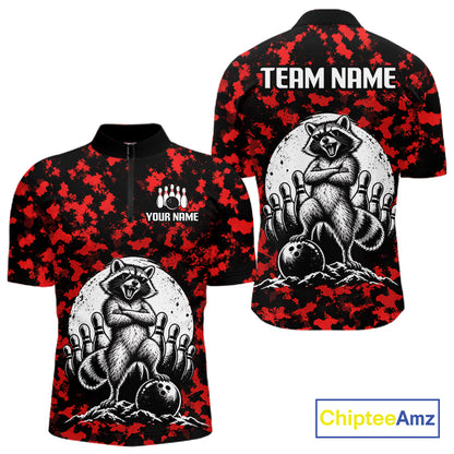 Custom Red Camo Funny Raccoon Bowling Team Shirts for Men Bowling League Polo & 1/4 Zip HNT639