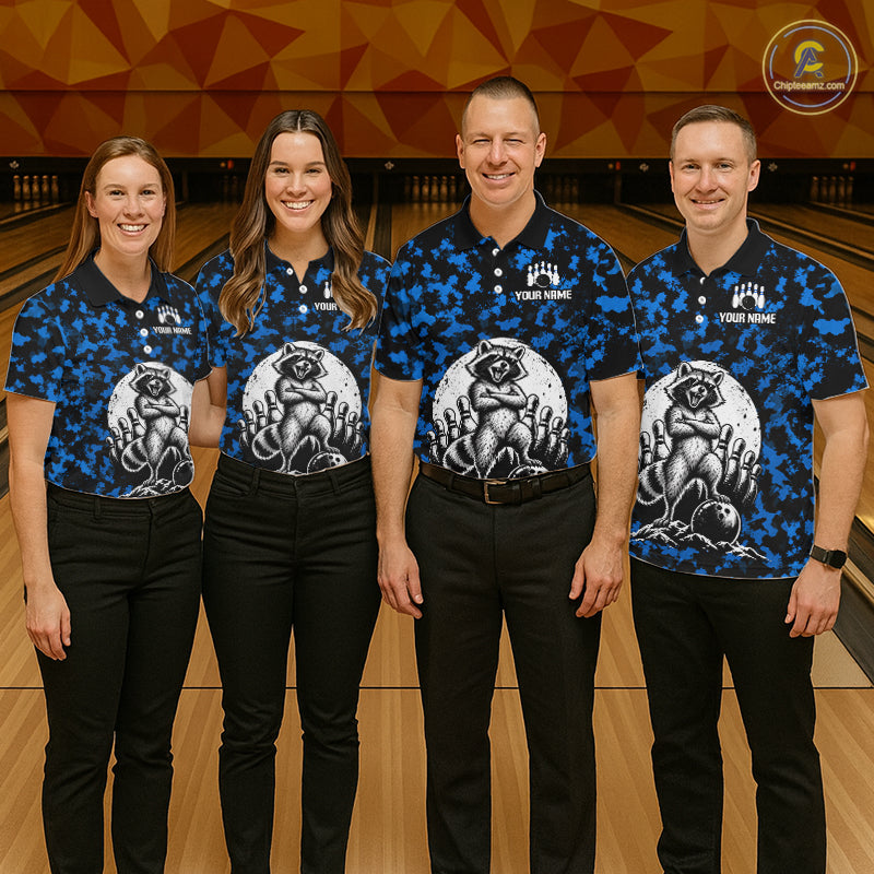 Custom Blue Camo Funny Raccoon Bowling Team Shirts for Women Bowling League Polo & 1/4 Zip HNT639