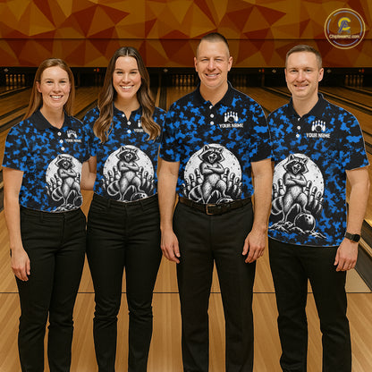 Custom Blue Camo Funny Raccoon Bowling Team Shirts for Women Bowling League Polo & 1/4 Zip HNT639