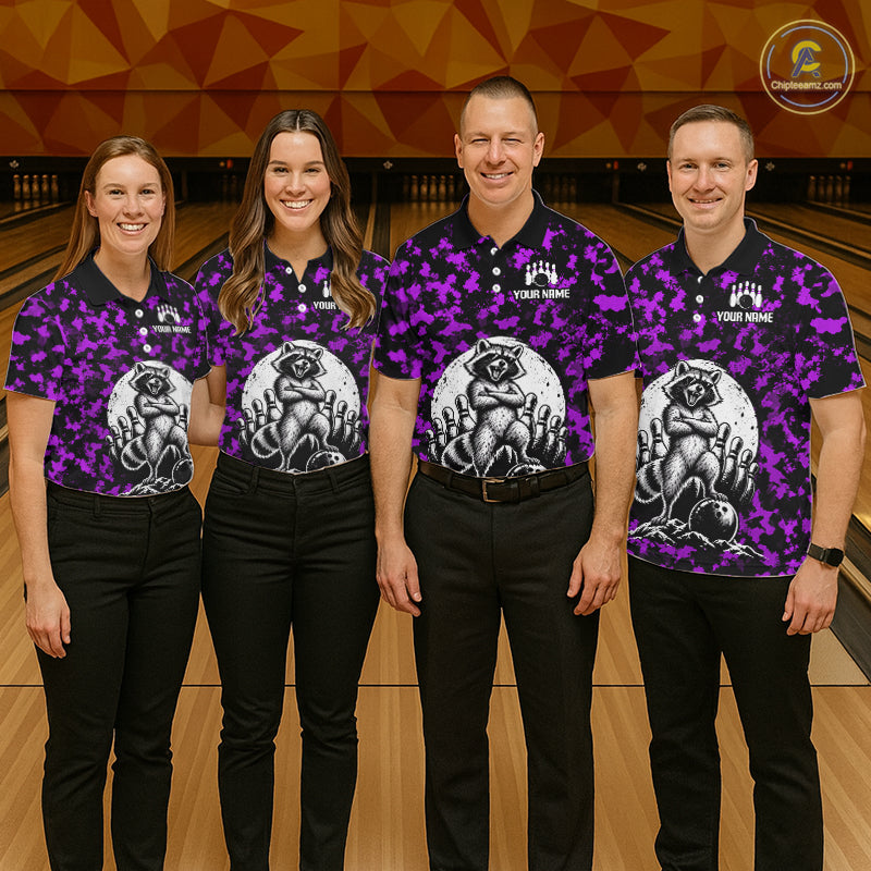 Custom Purple Camo Funny Raccoon Bowling Team Shirts for Men Bowling League Polo & 1/4 Zip HNT639