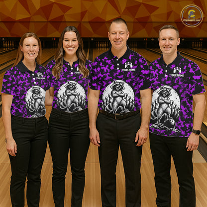 Custom Purple Camo Funny Raccoon Bowling Team Shirts for Men Bowling League Polo & 1/4 Zip HNT639