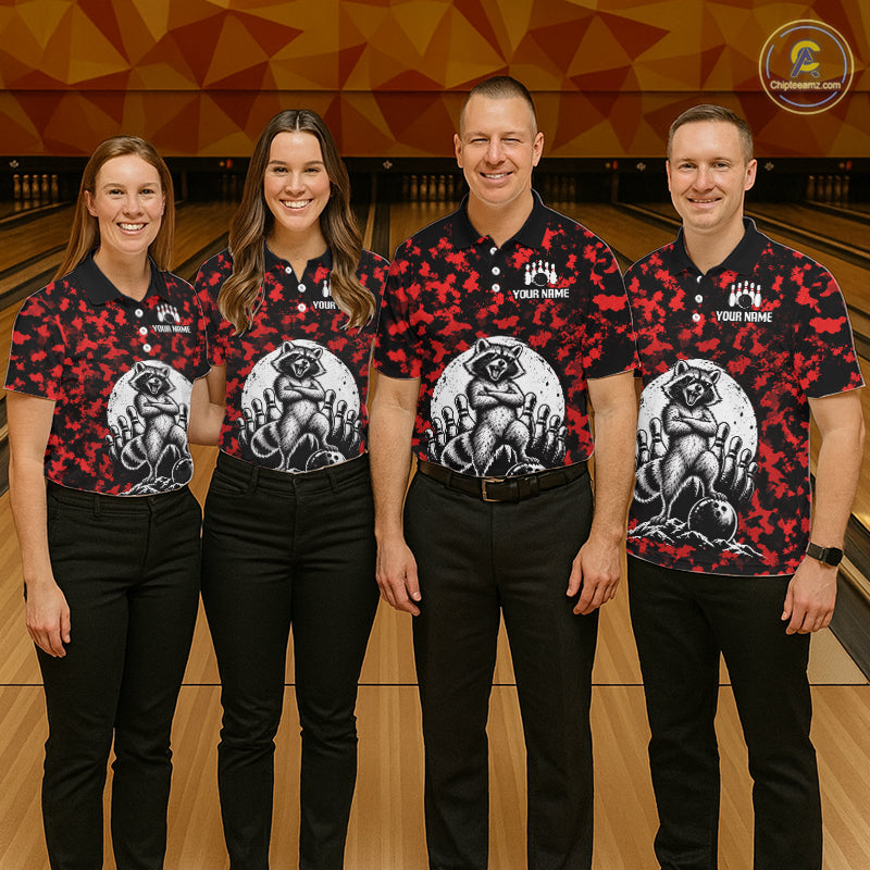 Custom Red Camo Funny Raccoon Bowling Team Shirts for Women Bowling League Polo & 1/4 Zip HNT639