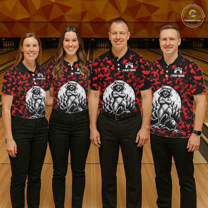 Custom Red Camo Funny Raccoon Bowling Team Shirts for Men Bowling League Polo & 1/4 Zip HNT639