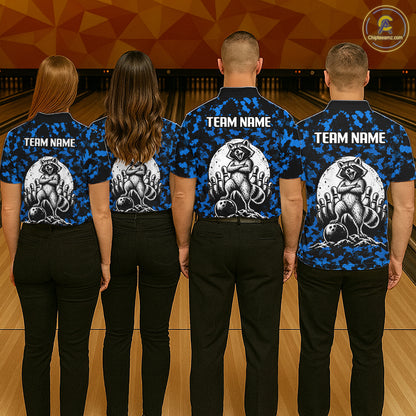Custom Blue Camo Funny Raccoon Bowling Team Shirts for Men Bowling League Polo & 1/4 Zip HNT639