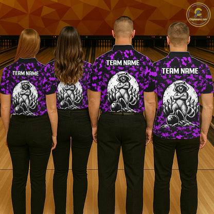 Custom Purple Camo Funny Raccoon Bowling Team Shirts for Men Bowling League Polo & 1/4 Zip HNT639