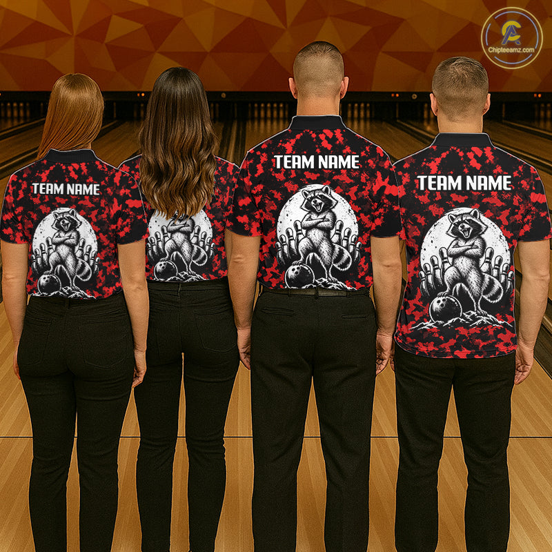 Custom Red Camo Funny Raccoon Bowling Team Shirts for Women Bowling League Polo & 1/4 Zip HNT639