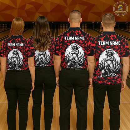 Custom Red Camo Funny Raccoon Bowling Team Shirts for Women Bowling League Polo & 1/4 Zip HNT639