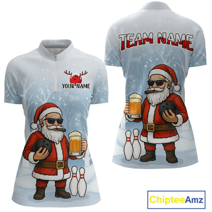 Funny Beer Santa Christmas Custom Bowling Jersey for Women Bowling Team Shirts Polo & 1/4 Zip HNT141