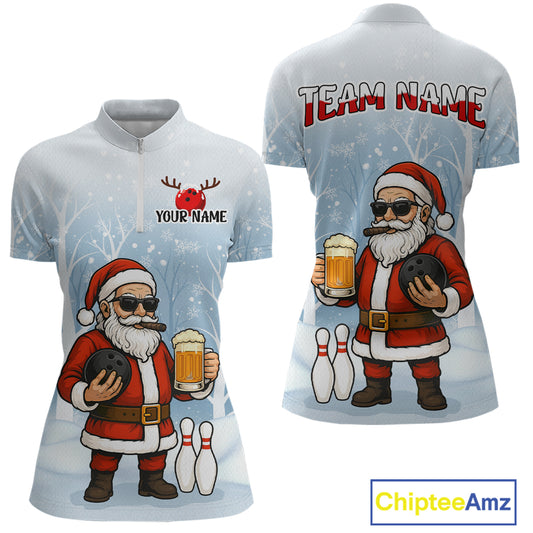 Funny Beer Santa Christmas Custom Bowling Jersey for Women Bowling Team Shirts Polo & 1/4 Zip HNT141