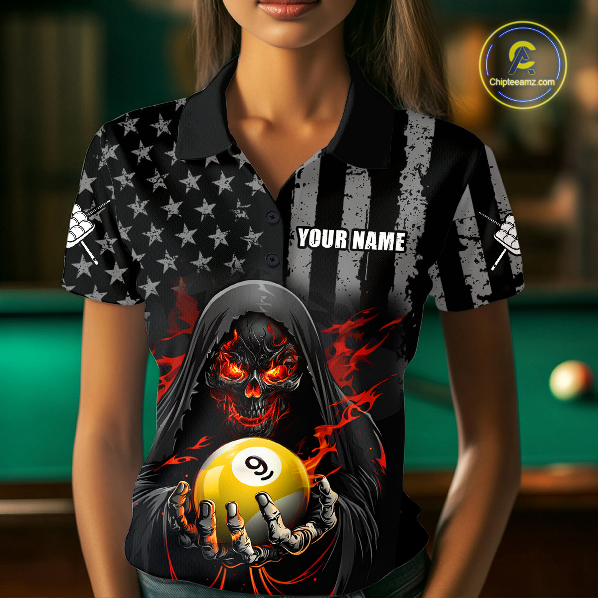 Custom US Skull 9 Ball Billiard Shirts for Women Billiard Team Shirts Billiard League Polo & 1/4 Zip NNT94