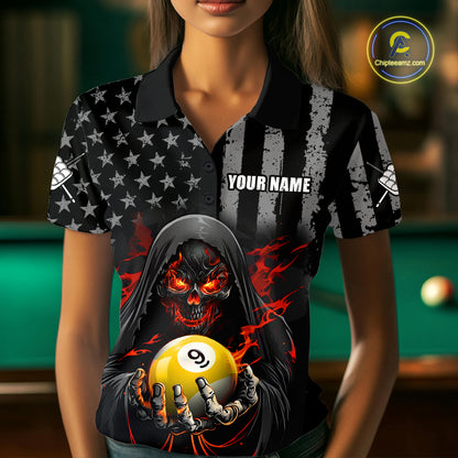 Custom US Skull 9 Ball Billiard Shirts for Women Billiard Team Shirts Billiard League Polo & 1/4 Zip NNT94