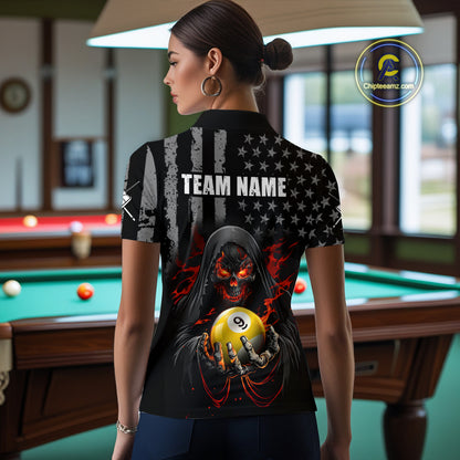 Custom US Skull 9 Ball Billiard Shirts for Women Billiard Team Shirts Billiard League Polo & 1/4 Zip NNT94