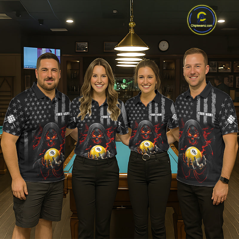 Custom US Skull 9 Ball Billiard Shirts for Women Billiard Team Shirts Billiard League Polo & 1/4 Zip NNT94