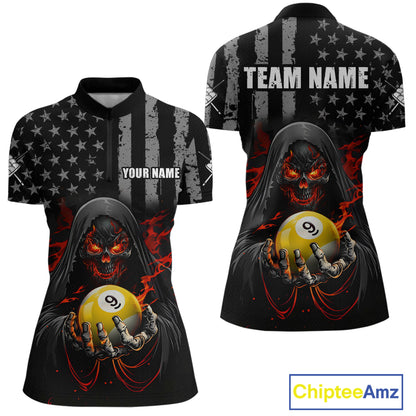 Custom US Skull 9 Ball Billiard Shirts for Women Billiard Team Shirts Billiard League Polo & 1/4 Zip NNT94
