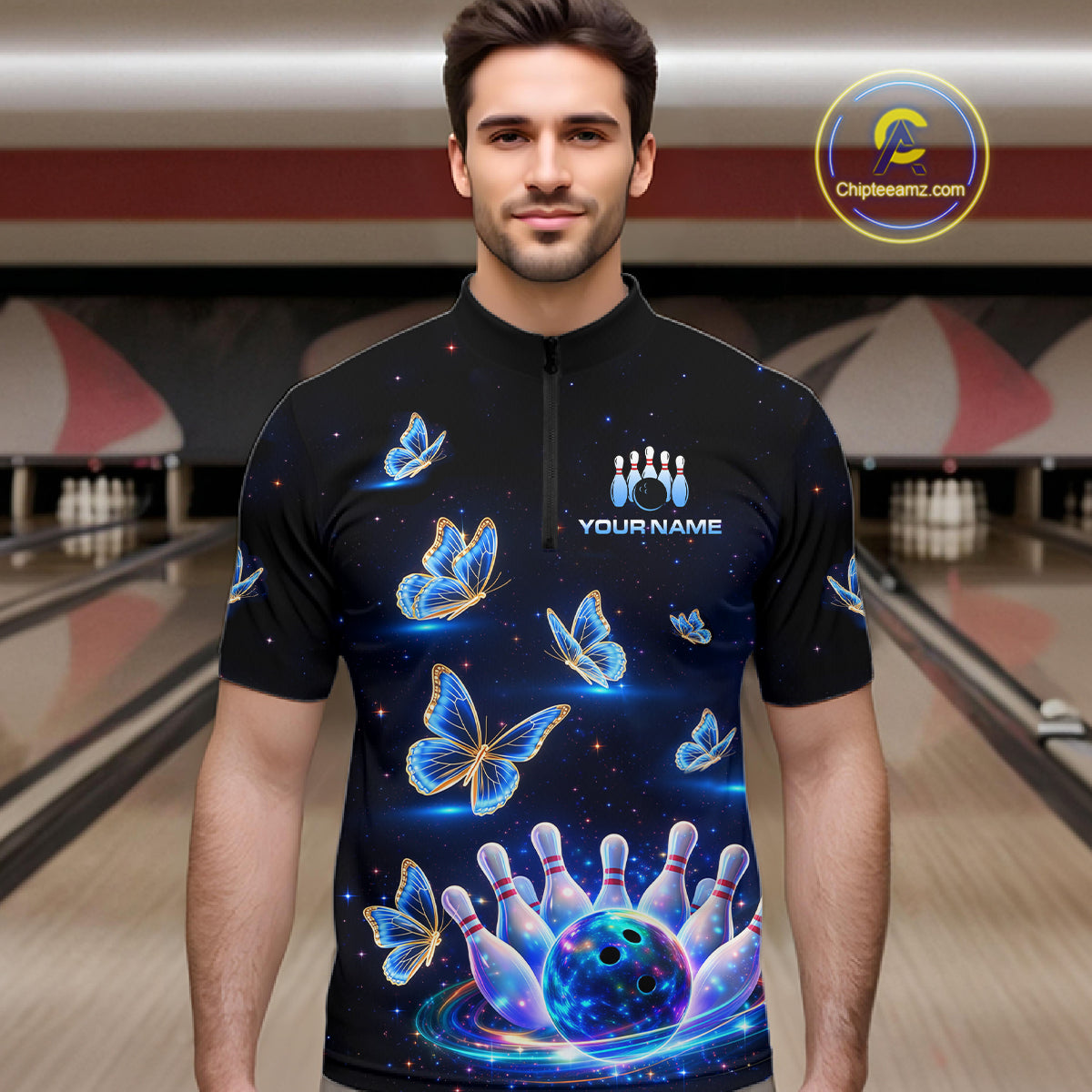Custom Galaxy Butterflies Bowling Jersey for Men Bowling Tournament Polo & 1/4 Zip Bowling Team Shirts HNT211