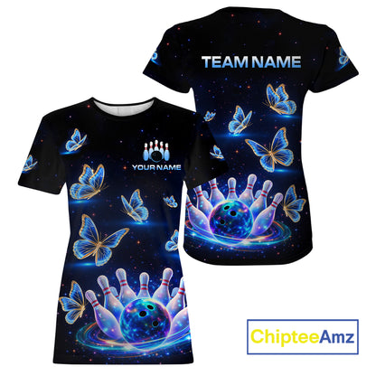 Black t-shirt with butterfly and bowling design, customizable with team name, ChipteeAmz brand visible.