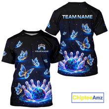 Load image into Gallery viewer, Black t-shirt with colorful butterfly and bowling design, 'Team Name' and 'Your Name' text space, ChipteeAmz branding.