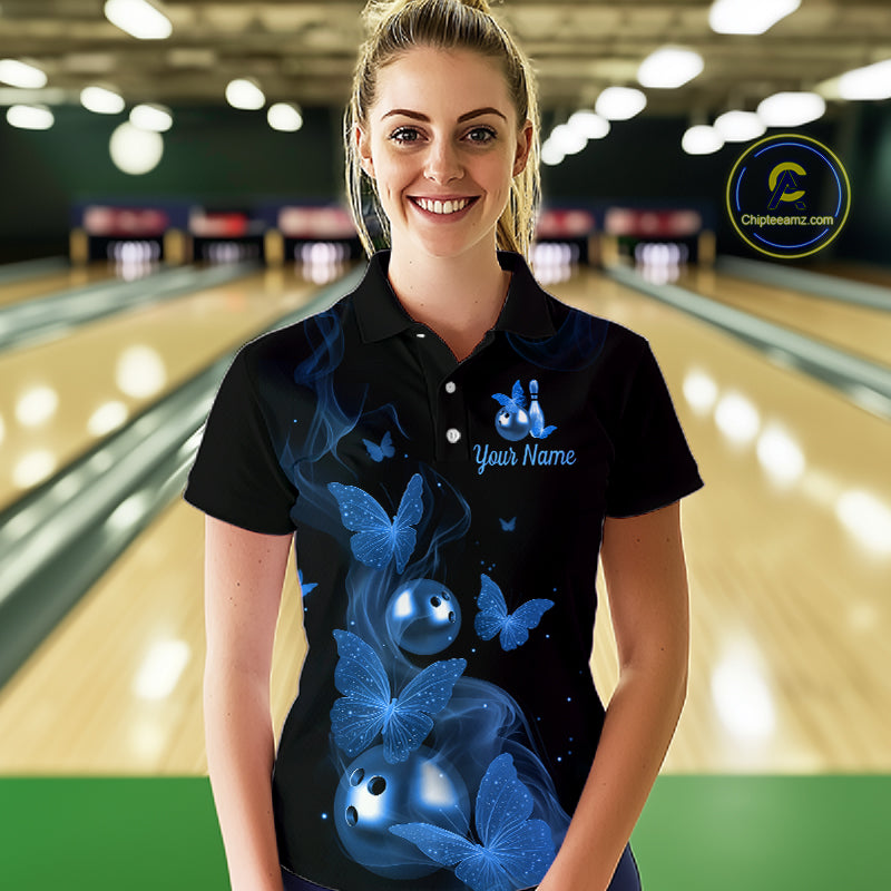 Custom Blue Butterfly Galaxy Bowling Jersey for Women Bowling Team Shirts Bowling League HNT310
