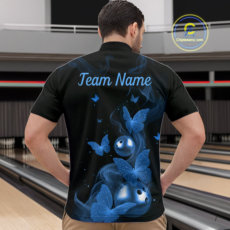 Custom Blue Butterfly Galaxy Bowling Jersey for Men Bowling Team Shirts Bowling League HNT310
