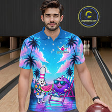 Load image into Gallery viewer, Men wearing personalized bowling polo shirt with bowling characters arranged within a tropical sunset scene with palm trees and ocean details.
