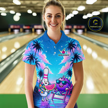 Load image into Gallery viewer, Women wearing personalized bowling polo shirt with bowling characters arranged within a tropical sunset scene with palm trees and ocean details.