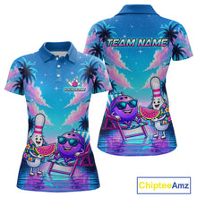 Load image into Gallery viewer, Front and back view personalized bowling polo shirt with bowling characters arranged within a tropical sunset scene with palm trees and ocean details.