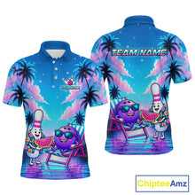 Load image into Gallery viewer, Front and back view personalized bowling polo shirt with bowling characters arranged within a tropical sunset scene with palm trees and ocean details.