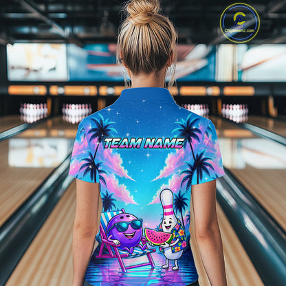 Women wearing personalized bowling quarter zip shirt with bowling characters arranged within a tropical sunset scene with palm trees and ocean details.