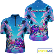 Load image into Gallery viewer, Front and back view personalized bowling quarter zip shirt with bowling characters arranged within a tropical sunset scene with palm trees and ocean details.