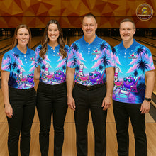 Load image into Gallery viewer, Four pepple wearing personalized bowling quarter zip shirt with bowling characters arranged within a tropical sunset scene with palm trees and ocean details.