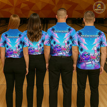 Load image into Gallery viewer, Four people wearing personalized bowling polo shirt with bowling characters arranged within a tropical sunset scene with palm trees and ocean details.
