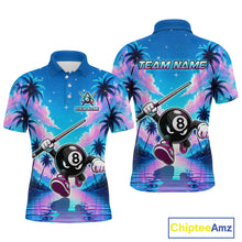 Load image into Gallery viewer, Front and back view personalized billiards polo shirt with an eight ball character moving through a tropical scene with palm trees and sunset reflections.