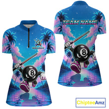 Load image into Gallery viewer, Front and back view personalized billiards quarter zip shirt with an eight ball character moving through a tropical scene with palm trees and sunset reflections.