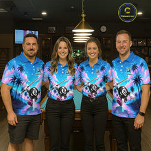 Load image into Gallery viewer, Four people wearing personalized billiards polo shirt with an eight ball character moving through a tropical scene with palm trees and sunset reflections.