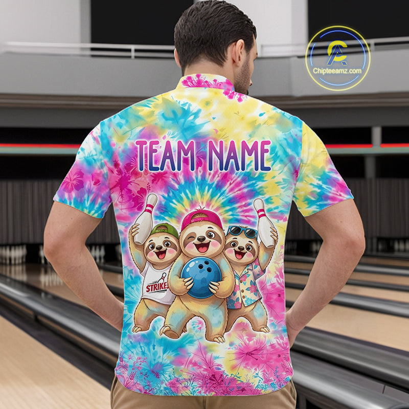 Custom Funny Sloth Bowling Jersey for Men Tropical Tie-Dye Bowling Team Shirts Bowling League HNT306