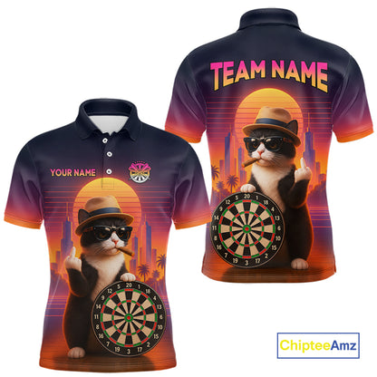 Custom Funny Cat Retro Sunset Darts Team Jerseys Dart League Shirts Darts Shirt for Men NNT314