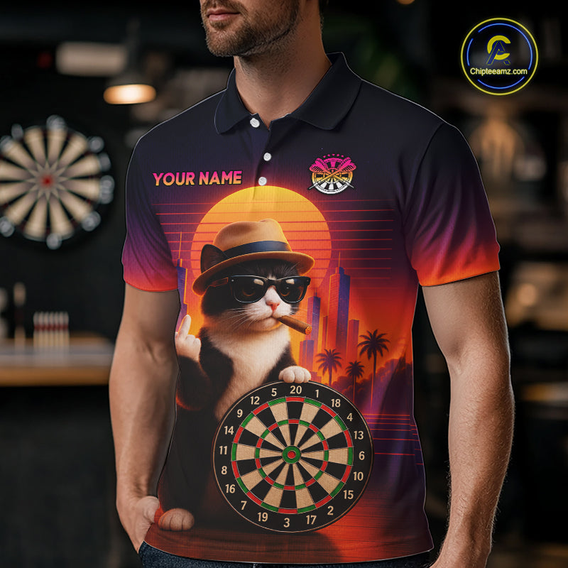 Custom Funny Cat Retro Sunset Darts Team Jerseys Dart League Shirts Darts Shirt for Men NNT314
