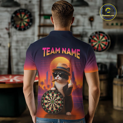 Custom Funny Cat Retro Sunset Darts Team Jerseys Dart League Shirts Darts Shirt for Men NNT314