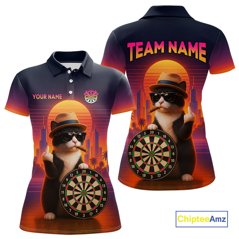 Custom Funny Cat Retro Sunset Darts Team Jerseys Dart League Shirts Darts Shirt for Women NNT314