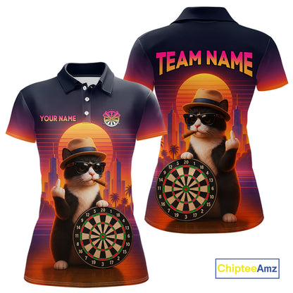 Custom Funny Cat Retro Sunset Darts Team Jerseys Dart League Shirts Darts Shirt for Women NNT314