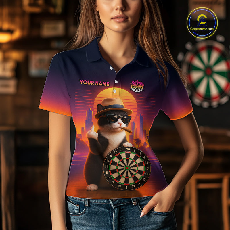 Custom Funny Cat Retro Sunset Darts Team Jerseys Dart League Shirts Darts Shirt for Women NNT314
