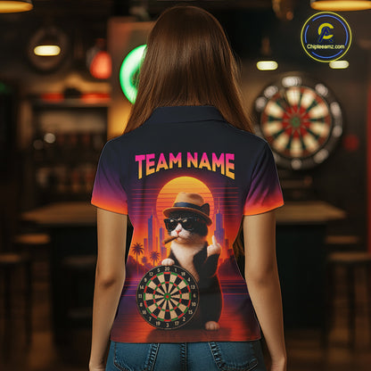 Custom Funny Cat Retro Sunset Darts Team Jerseys Dart League Shirts Darts Shirt for Women NNT314